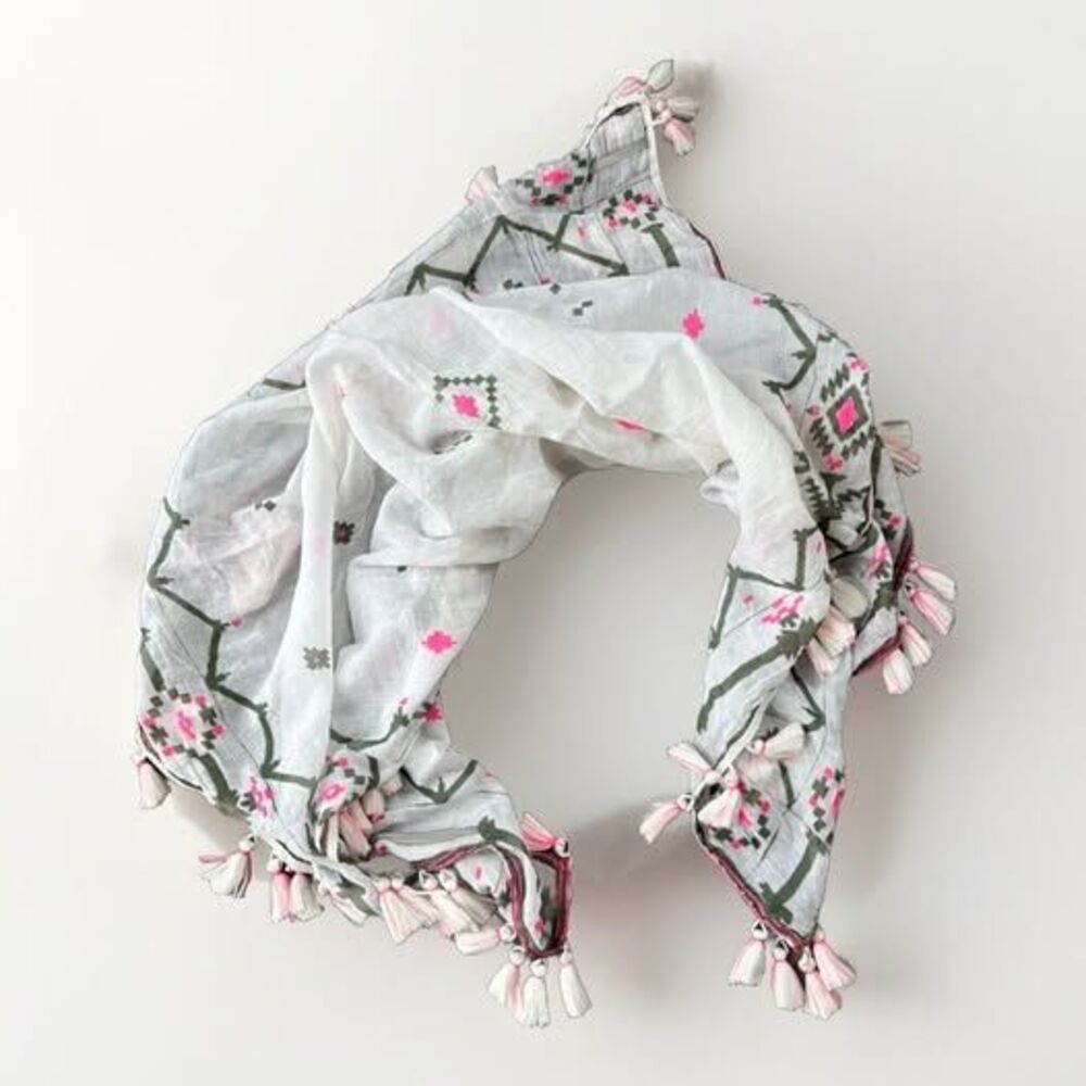 American Eagle White Fringe Pom Scarf Square Embroidered 34x34